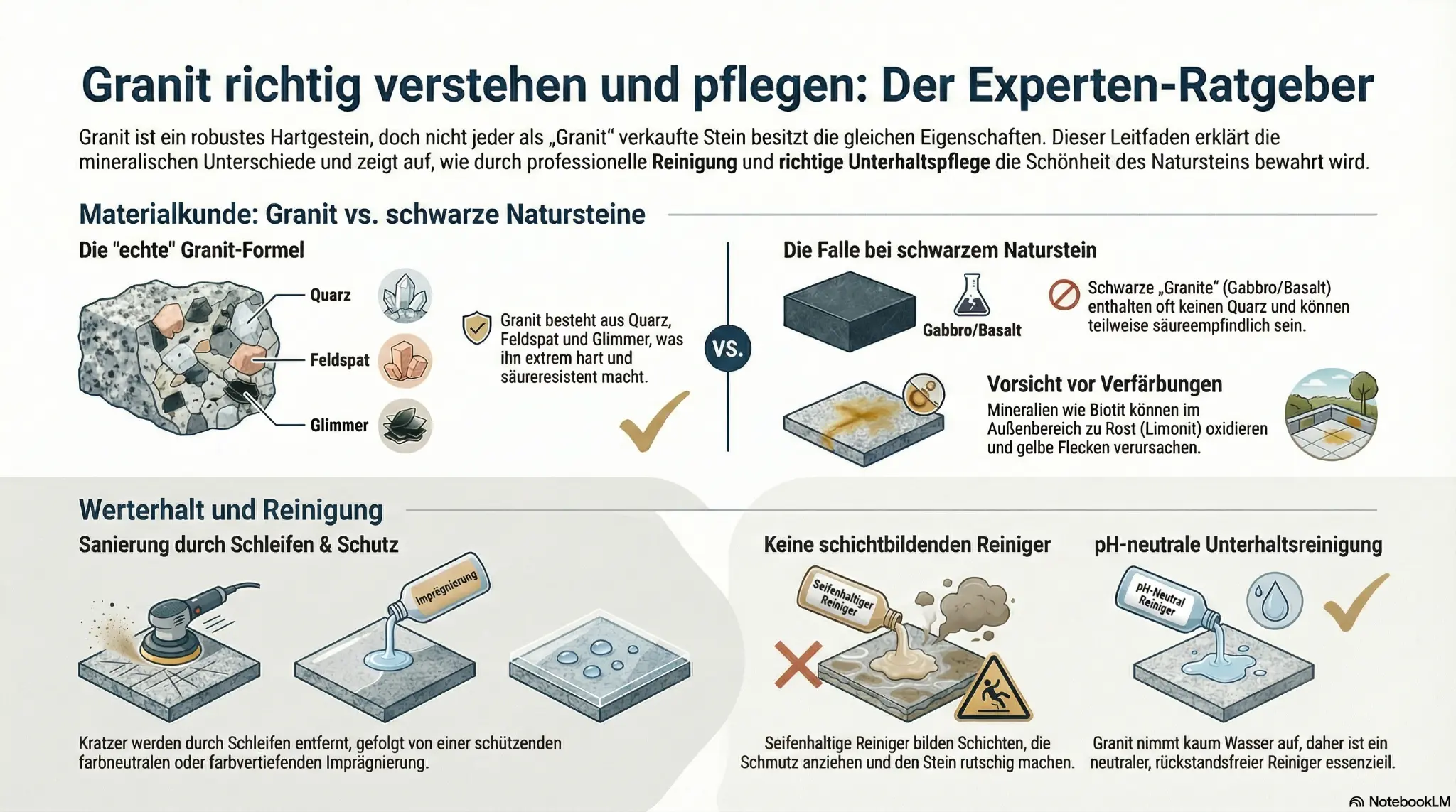 Infografik Granit: Materialkunde, Granit vs. schwarze Natursteine, Werterhalt durch Schlei