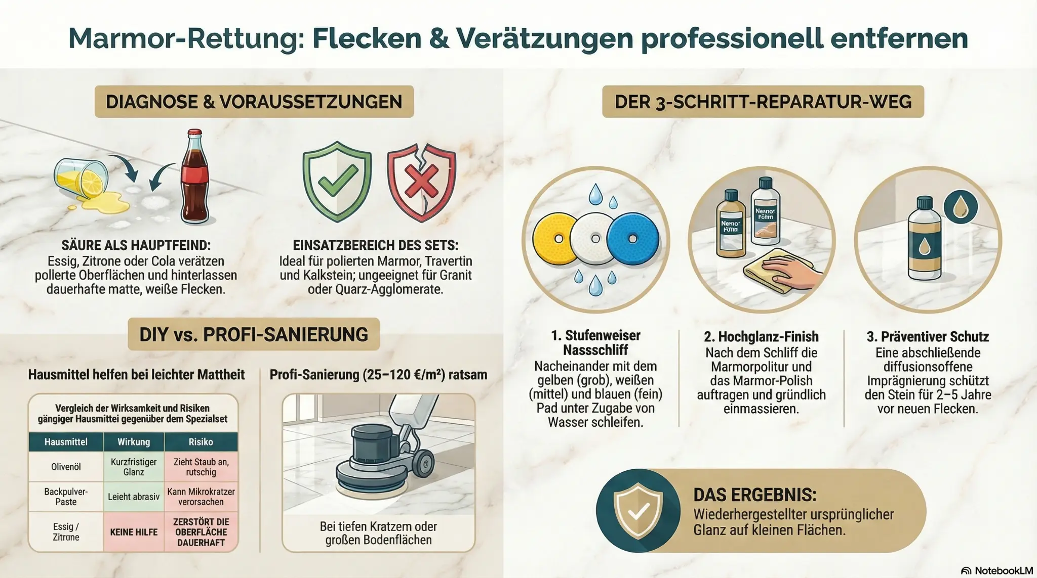 Infografik Marmor-Rettung: Diagnose von Säureschäden, 3-Schritt-Reparatur mit Nassschliff,