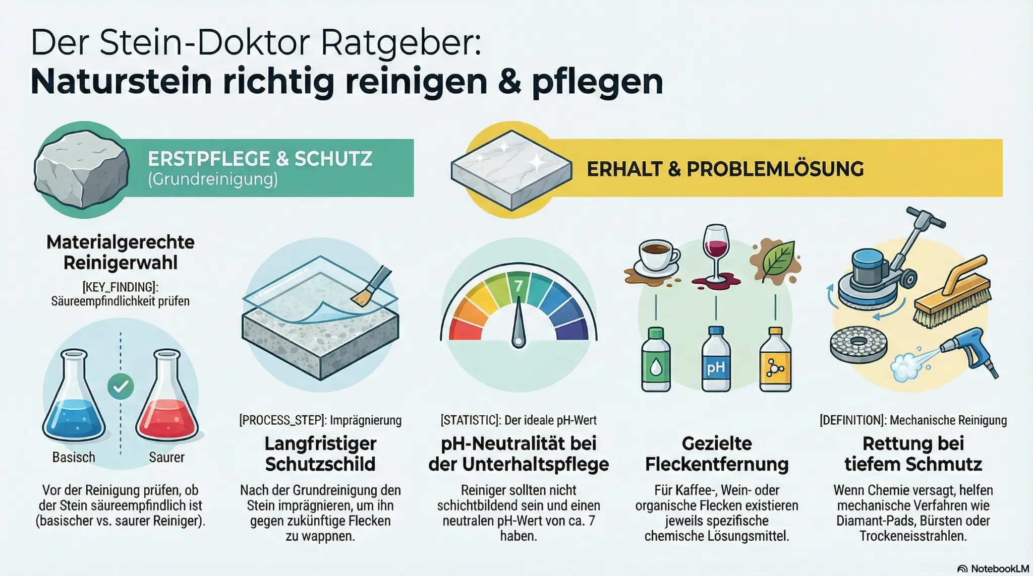 Infografik: Naturstein richtig reinigen und pflegen – Erstpflege, Schutz, Erhalt und Probl