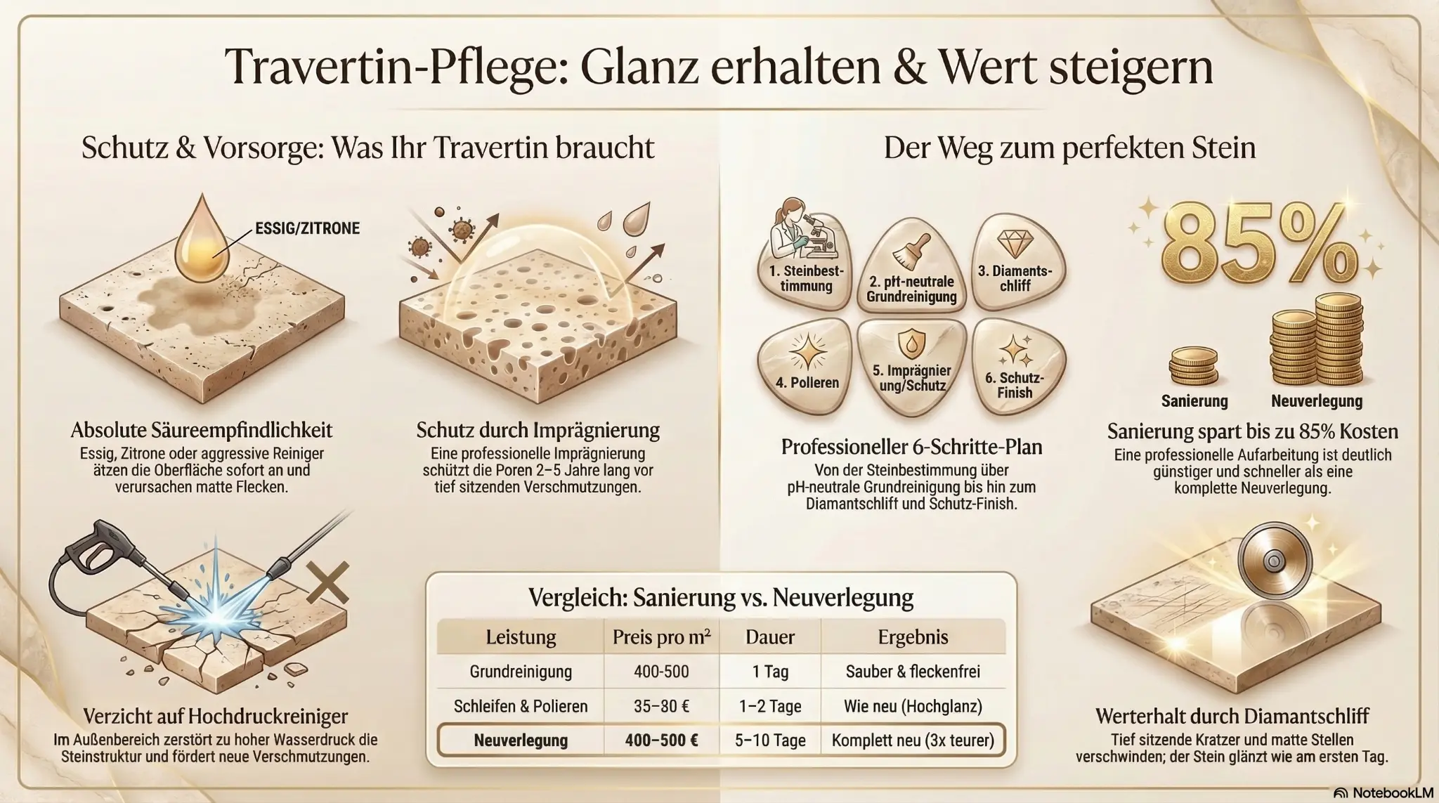 TravertinreinigenBerlinSteindoktor_04549476 Infografik: Travertin-Pflege – Glanz erhalten und Wert steigern. Säureempfindlichkeit, Imp