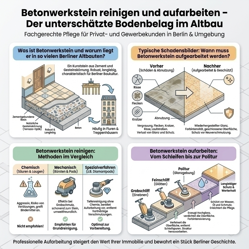 Infografik: Betonwerkstein reinigen und aufarbeiten – Der unterschätzte Bodenbelag im Altb