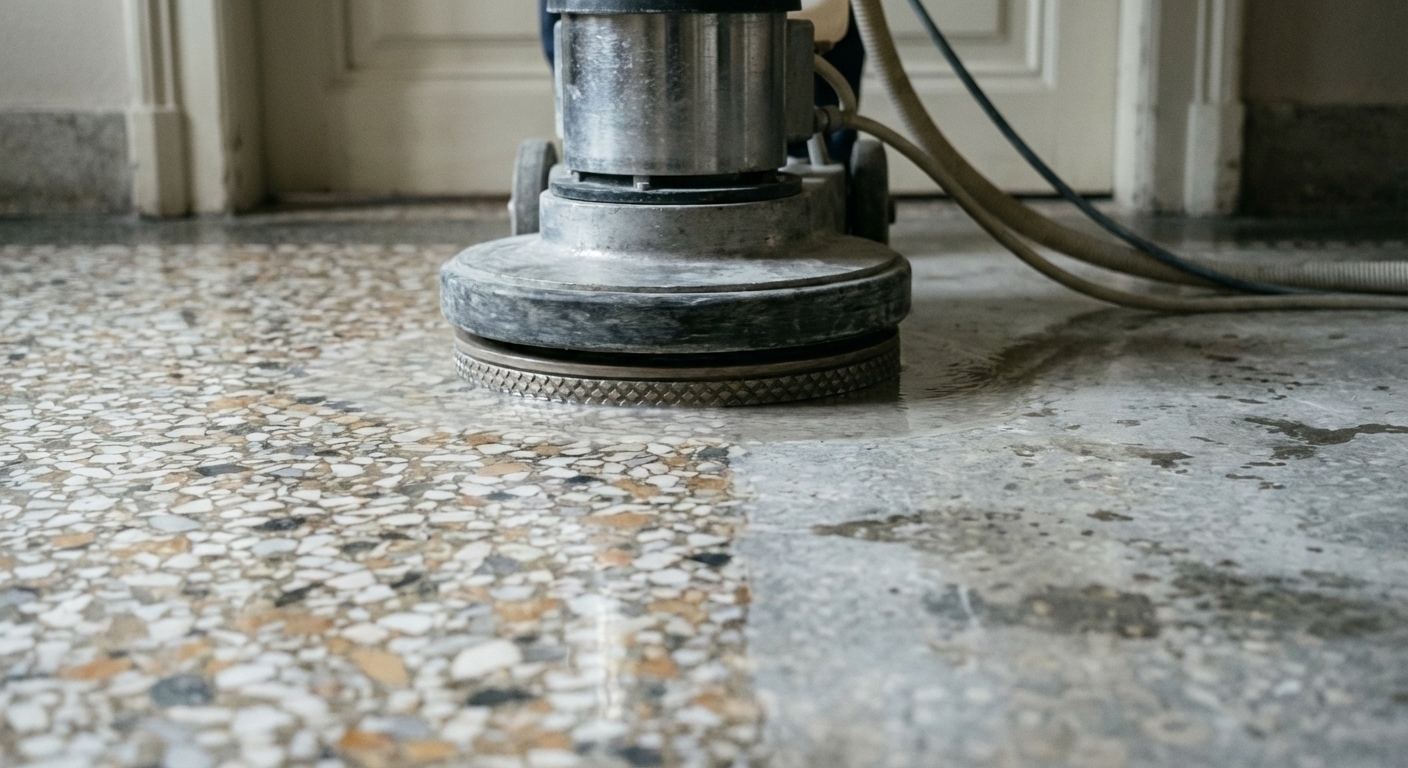 Nahaufnahme einer Scheibenmaschine bei der professionellen Betonwerkstein-Reinigung im Alt
