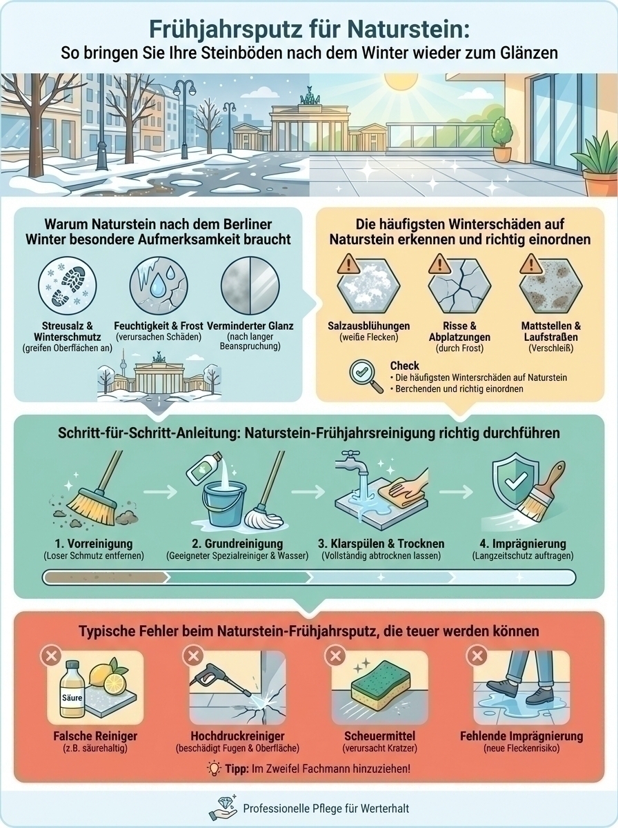 Infografik: Frühjahrsputz für Naturstein – Winterschäden erkennen, Schritt-für-Schritt-Rei