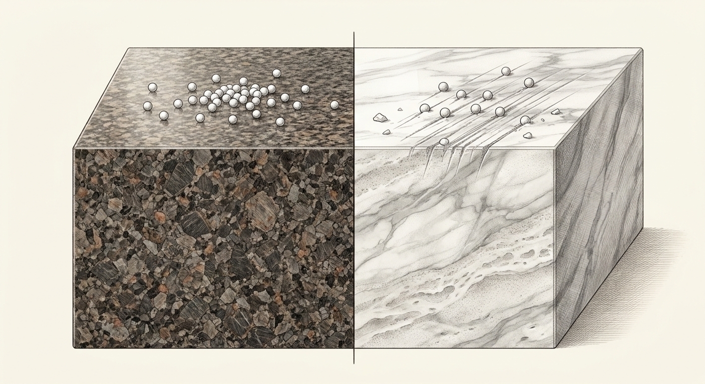 inline-01_86a77544 Konzeptillustration: Natronpartikel kratzen weichen Marmor, gleiten auf hartem Granit ab