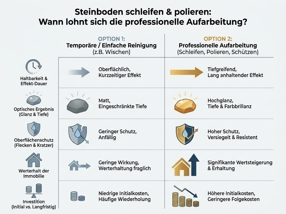 Vergleichsgrafik: Steinboden schleifen und polieren – wann lohnt sich die professionelle A