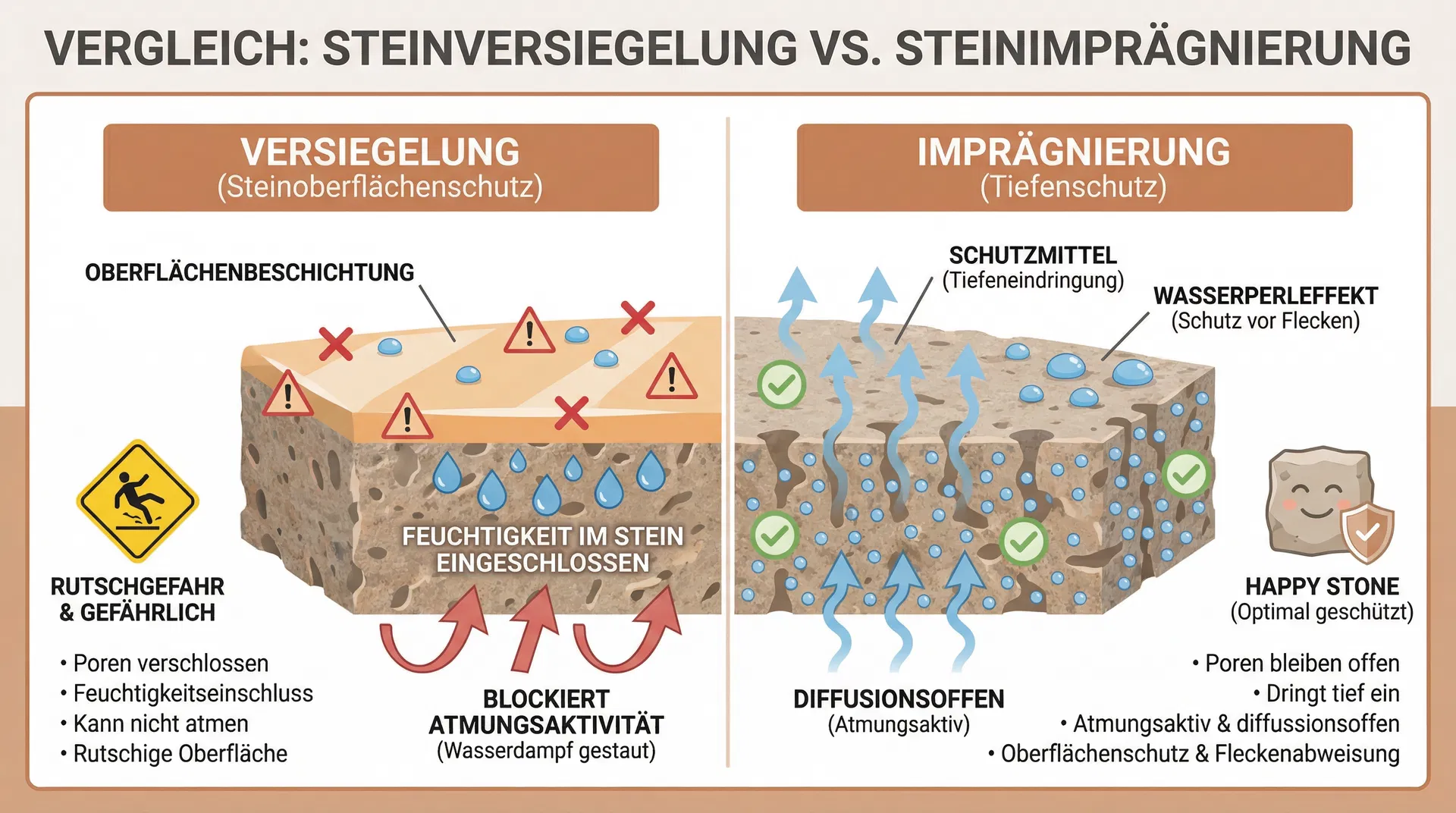 Infografik: Vergleich Steinversiegelung vs. Steinimprägnierung – Querschnitt zeigt Schicht